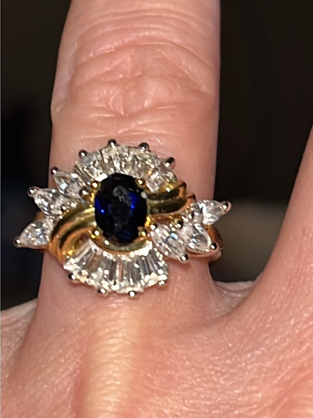 Gold Sapphire Halo Ring with Clear Accent Stones